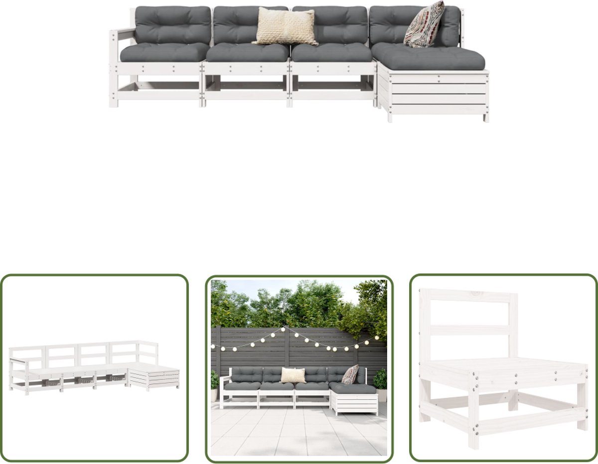 The Living Store 5-delige Loungeset massief grenenhout wit - Tuin Lounge Set - Lounge Set Hout - Buiten Meubels - Tuinset - Loungebank