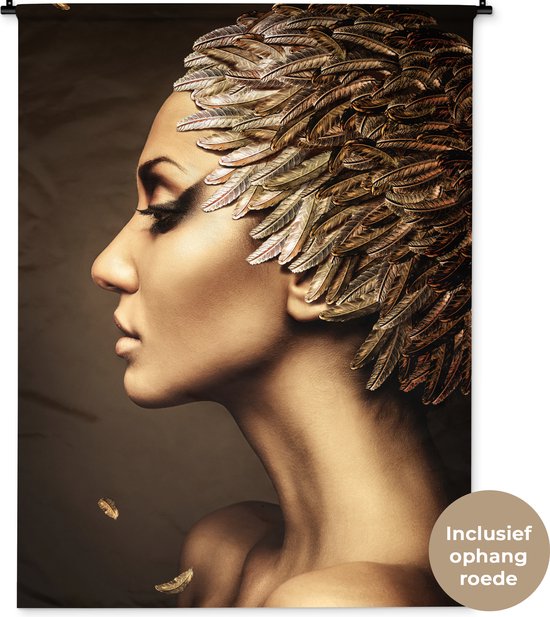 Wandkleed 120x160 cm - Wanddoek Vrouw - Abstract - Goud - Portret - Wandtapijt - Wandkleden