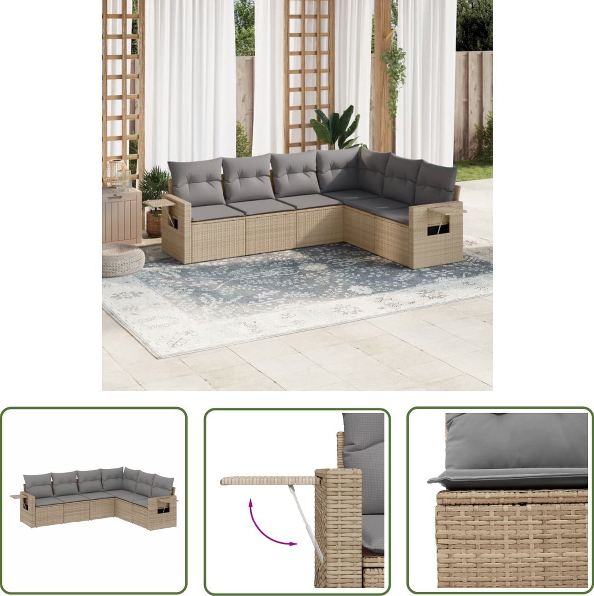 The Living Store 6-delige Loungeset met kussens poly rattan beige - Loungebank - Lounge Set - Tuinset - Buitendiner - Tuinmeubelen