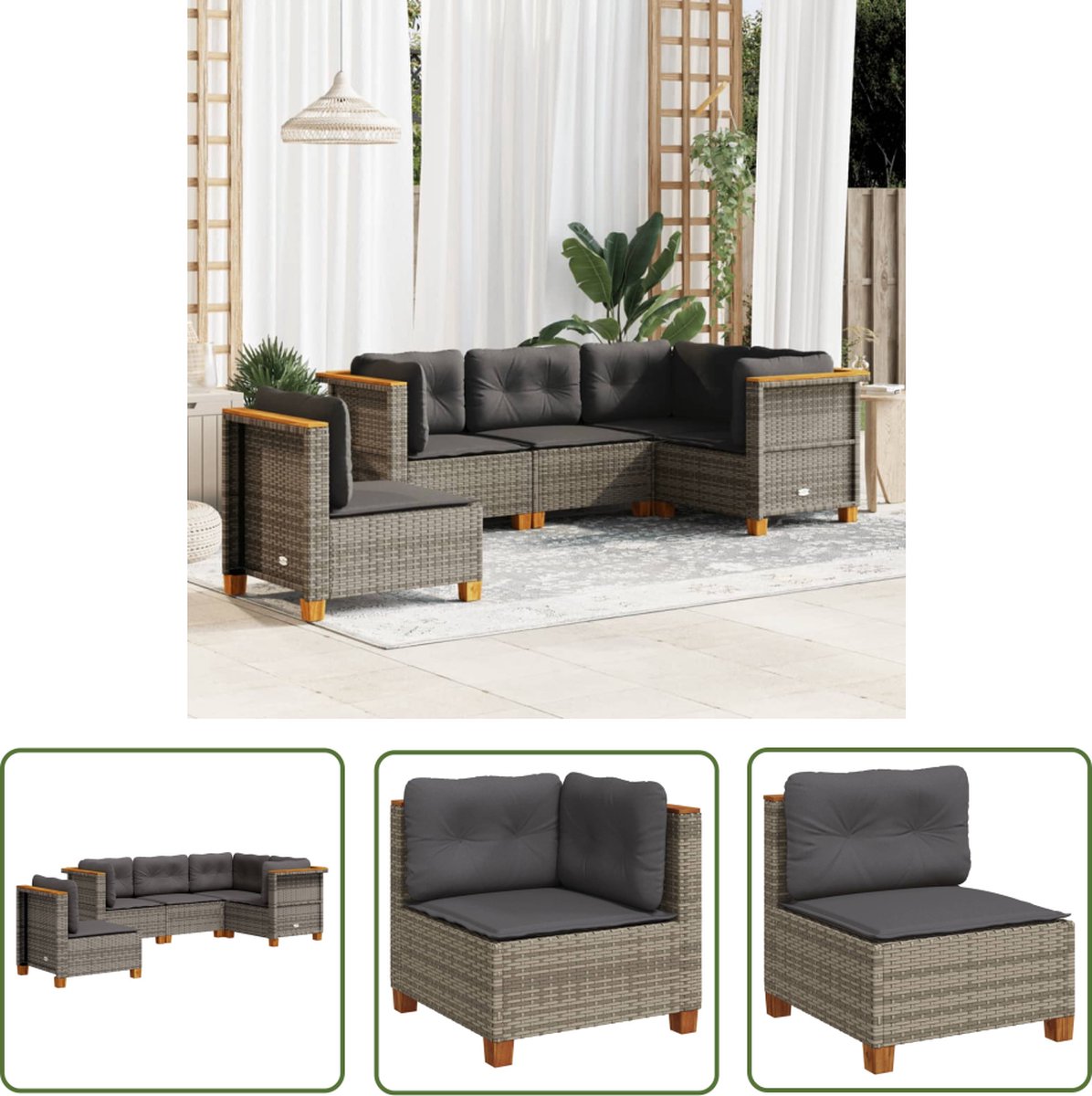 Grijze poly rattan loungeset met kussens voor tuinmeubels - The Living Store.