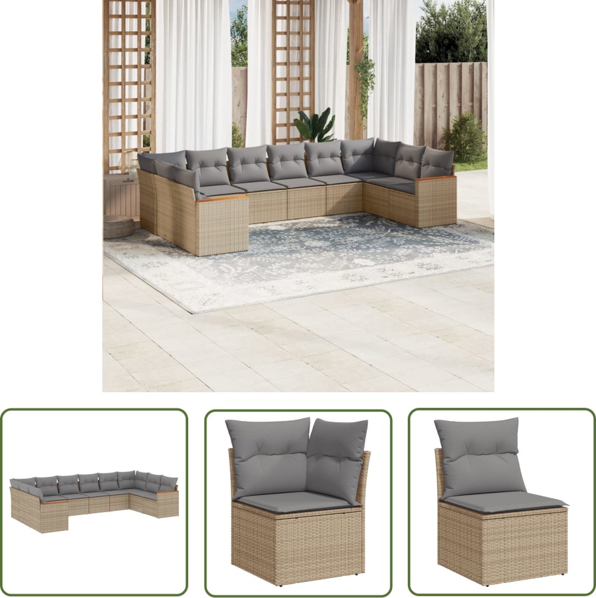 The Living Store 10-delige Loungeset met kussens poly rattan gemengd beige - Loungeset - Tuinset - Lounge - Buitendecoratie - Tuinbank