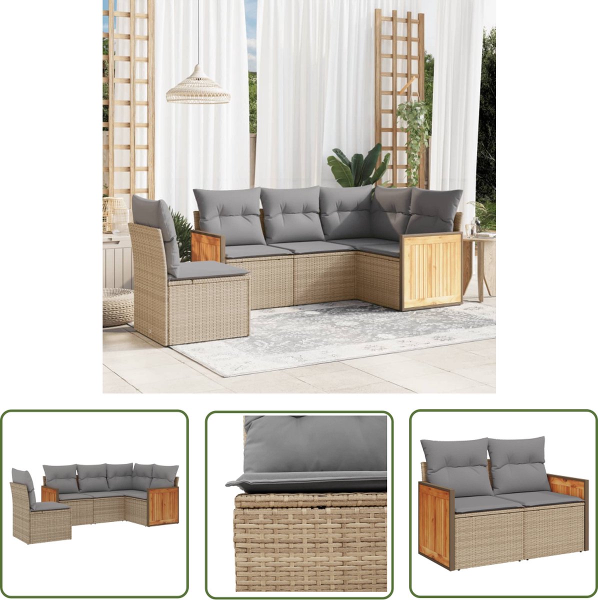 Loungeset in beige poly rattan met kussens - Tuinmeubilair - Buitendecoratie