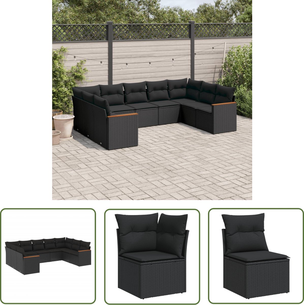 The Living Store 9-delige Loungeset met kussens poly rattan zwart - Loungeset - Tuinset - Lounge - Outdoor Furniture - Tuinmeubels