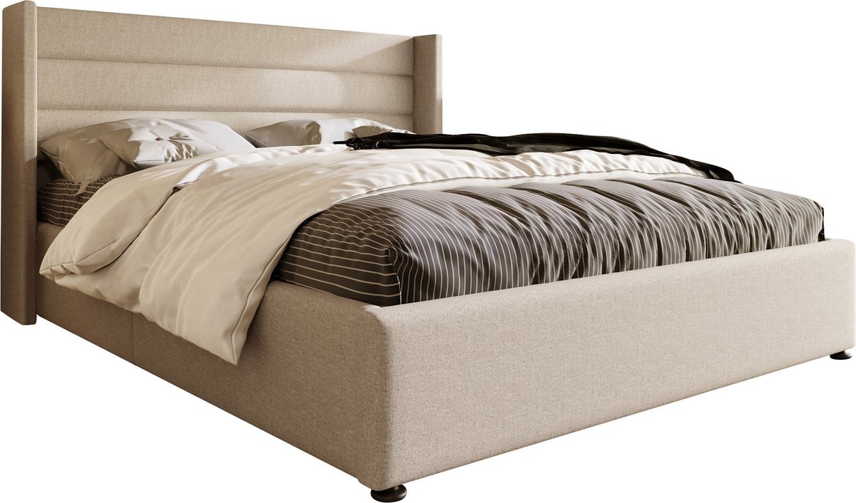 Merax Gestoffeerd Bed met Hydraulische Stauraum en Houten Lattenbodem - 180 x 200 cm - Beige Linnen - Zonder Matras