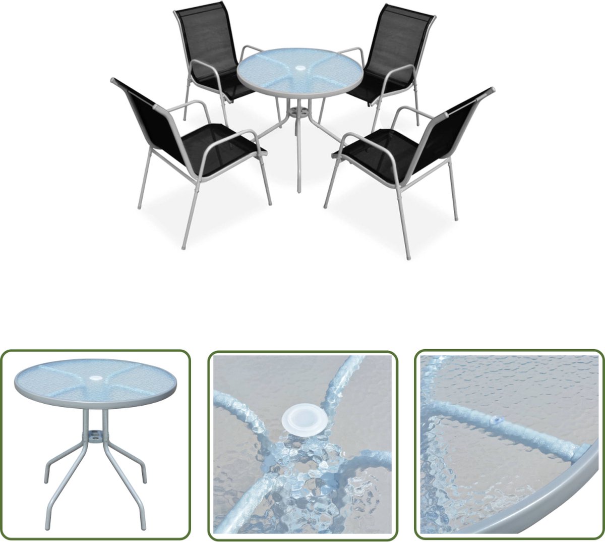 The Living Store 5-delige Tuinset staal zwart - Tuinstoel - Tuintafel - Buitendecor - Lounge Set - Outdoor Furniture