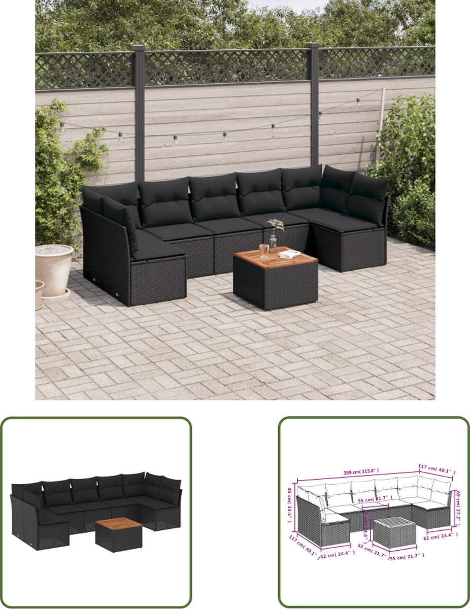 The Living Store 8-delige Loungeset met kussens poly rattan zwart - Loungebank - Lounge Set - Tuinlounge - Buitendiner - Outdoor Furniture