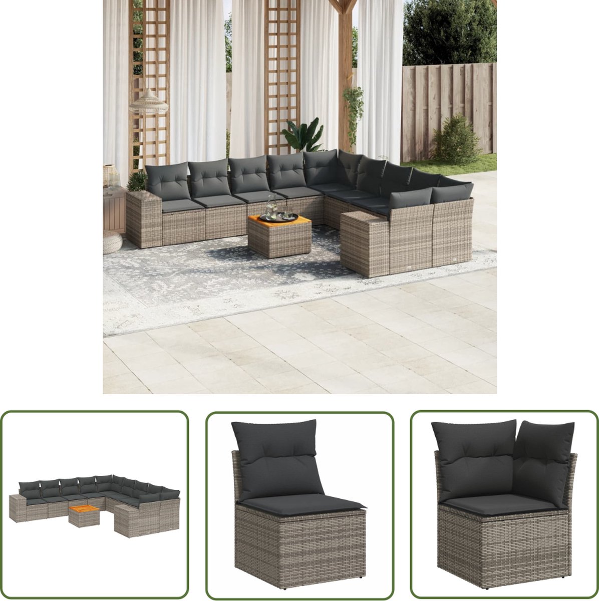 The Living Store 11-delige Loungeset met kussens poly rattan grijs - Loungeset - Lounge Set - Buitendecoratie - Tuinmeubels - Tuinlounge