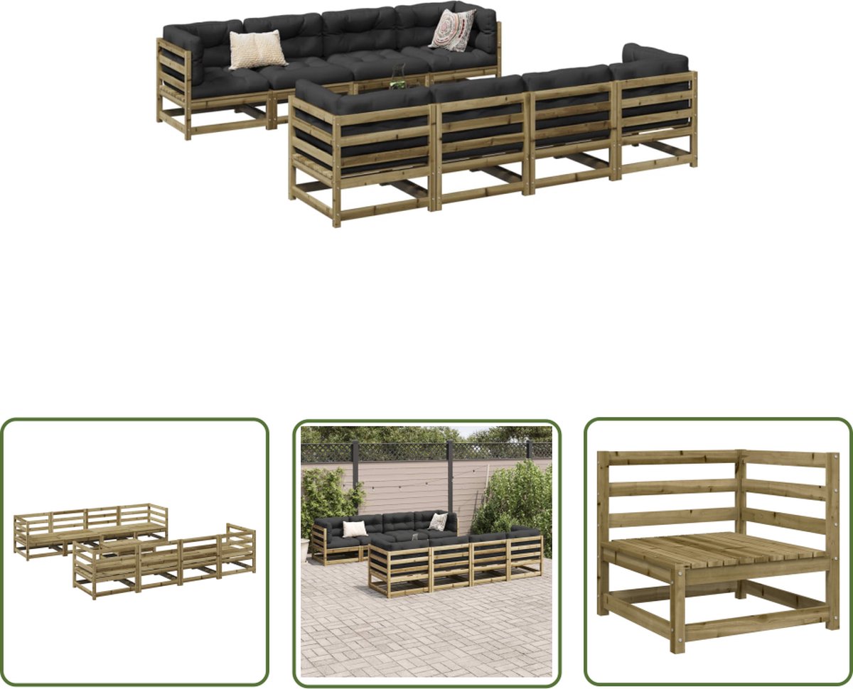 The Living Store 9-delige Loungeset geïmpregneerd grenenhout - Loungeset - Tuinmeubels - Houten Lounge - Outdoor Furniture - Balkon Meubel