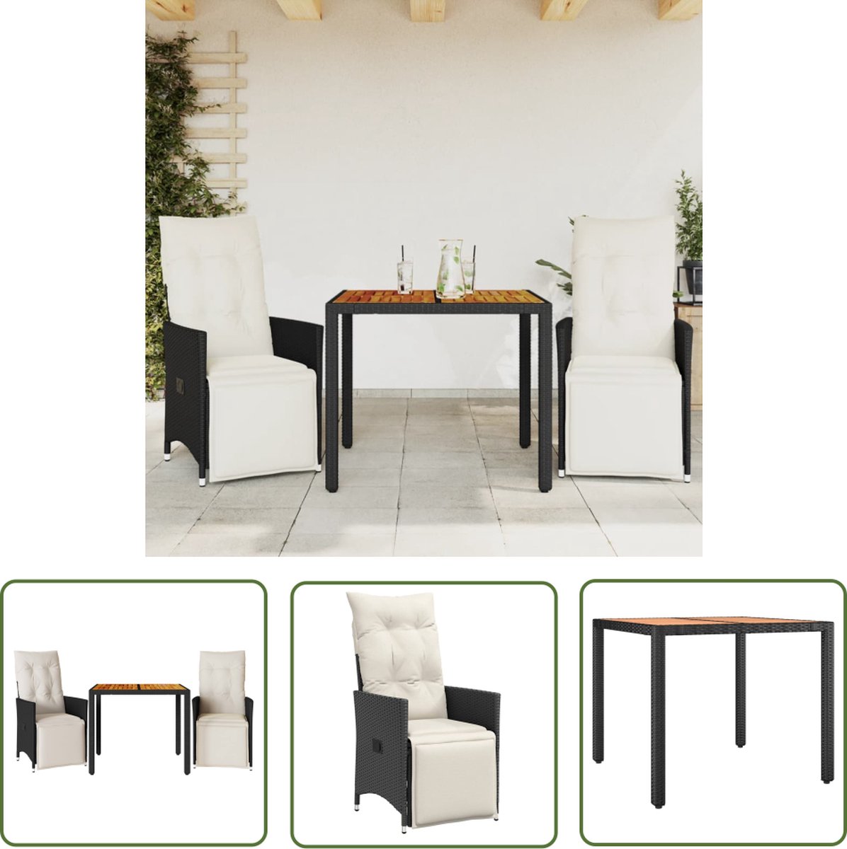 The Living Store 3-delige Bistroset met kussens poly rattan zwart - Bistroset - Tuinstoel - Lounge Set - Buitendecoratie - Outdoor Furniture