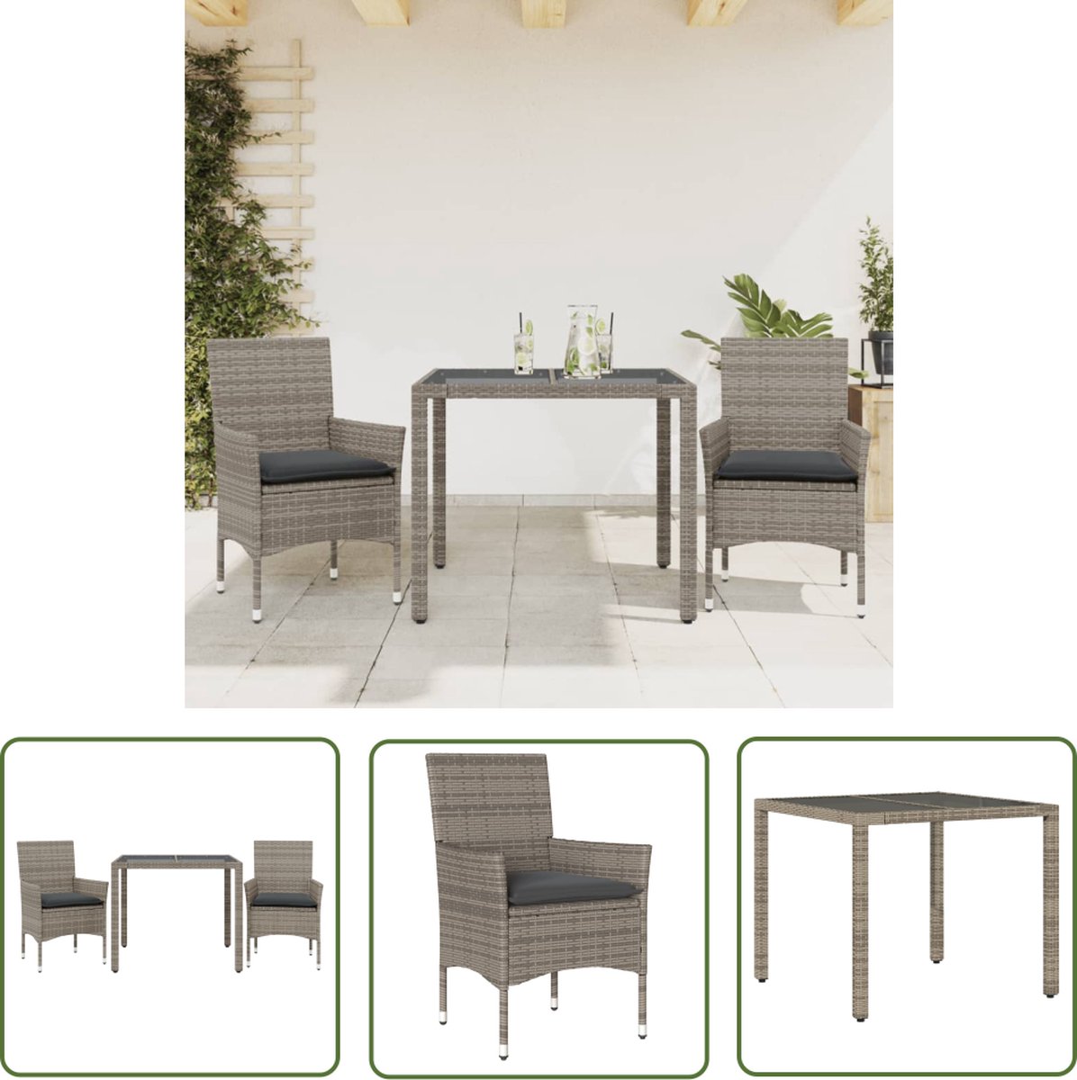 The Living Store 3-delige Tuinset met kussens poly rattan en glas grijs - Tuinset - Buitenkamer - Lounge Set - Eetkamerset - Patio Set