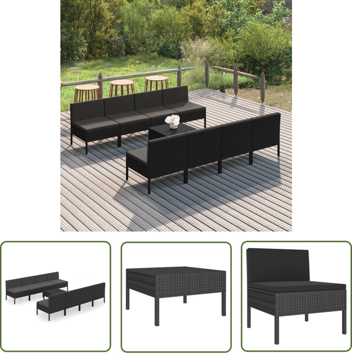 The Living Store 9-delige Loungeset met kussens poly rattan zwart - Loungeset - Tuinset - Loungestoel - Buitentijnen - Garden Furniture