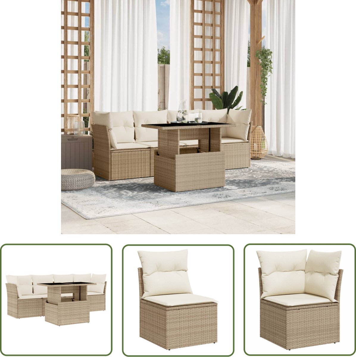 The Living Store 5-delige Loungeset met kussens poly rattan beige - Tuin Lounge Set - Loungebank - Buitendecoratie - Buitenkamer - Terrassenmeubels