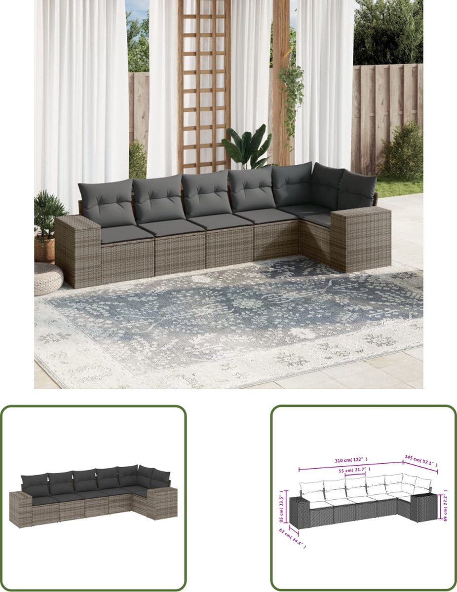The Living Store 6-delige Loungeset met kussens poly rattan grijs - Loungebank - Lounge Set - Tuinset - Buitendecoratie - Outdoor Furniture