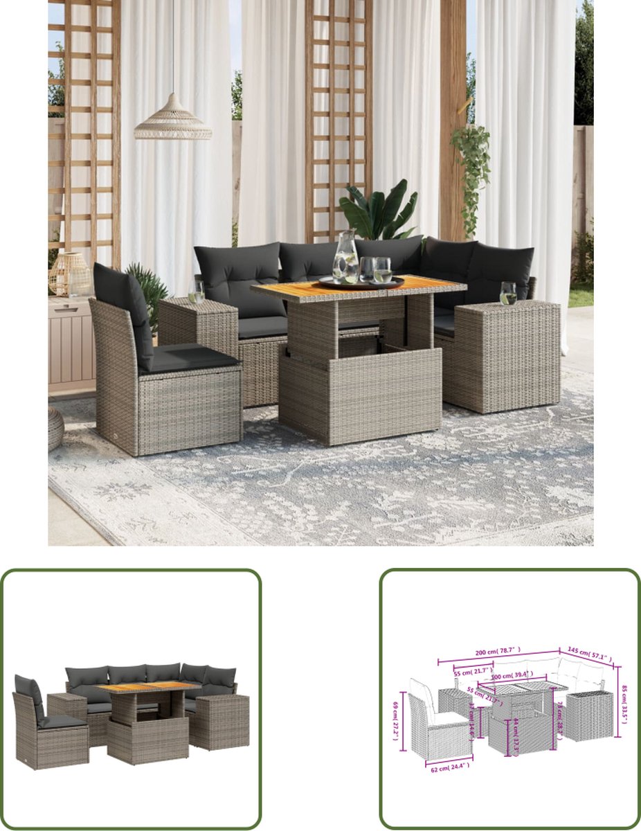 Grijze poly rattan loungeset met kussens voor buiten - The Living Store.