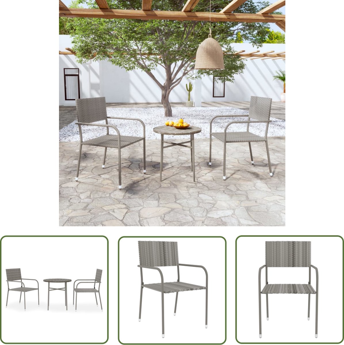The Living Store 3-delige Tuinset poly rattan grijs - Tuinstoel - Poly Rattan Set - Buitentijd - Eetkamerset - Lounge Set