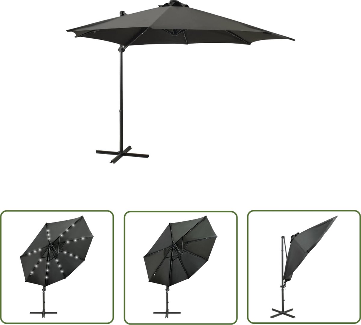 Outdoor parasol with LED lights, 300 cm, in anthracite color. Perfect for garden decor and summer days.
