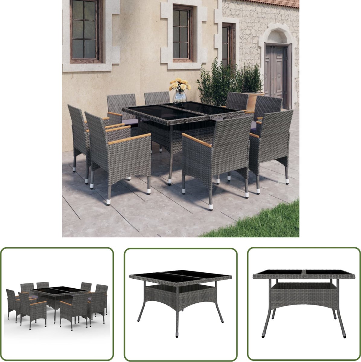 Tuinset poly rattan en acaciahout grijs - Eetkamerset - Salontafel
