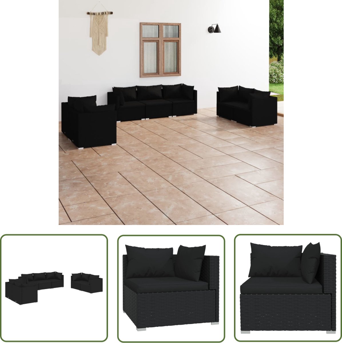 The Living Store 7-delige Loungeset met kussens poly rattan zwart - Loungeset - Tuinlounge - Loungebank - Buisvormig Aluminium - Outdoor Furniture