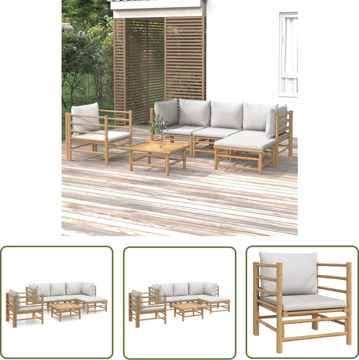 The Living Store 6-delige Loungeset met kussens bamboe lichtgrijs - Bamboelounge - Lounge Set - Buitendining - Tuinstoel - Loungestoel