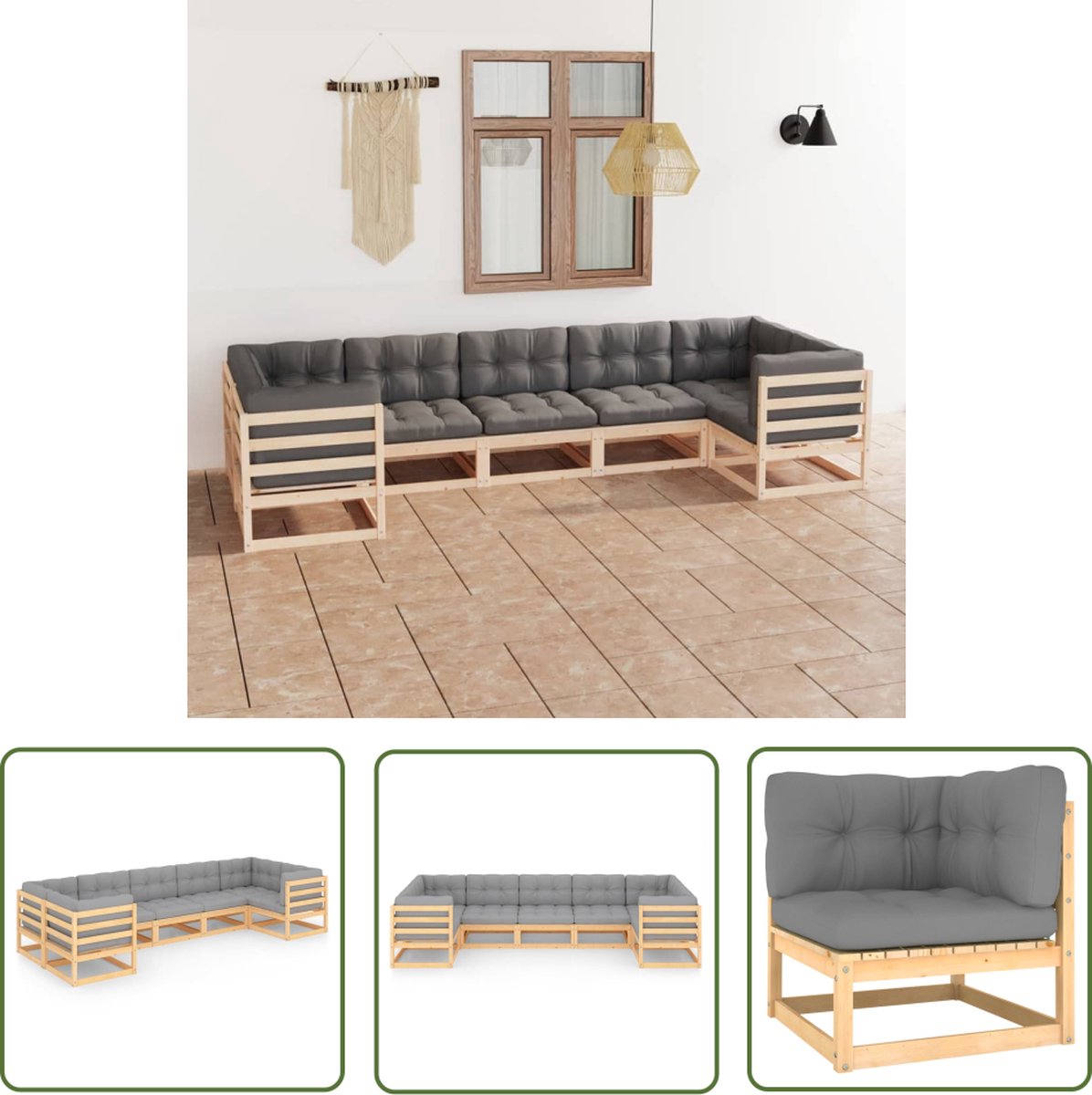 Massief grenenhouten loungeset met kussens in tuinsetting - The Living Store.