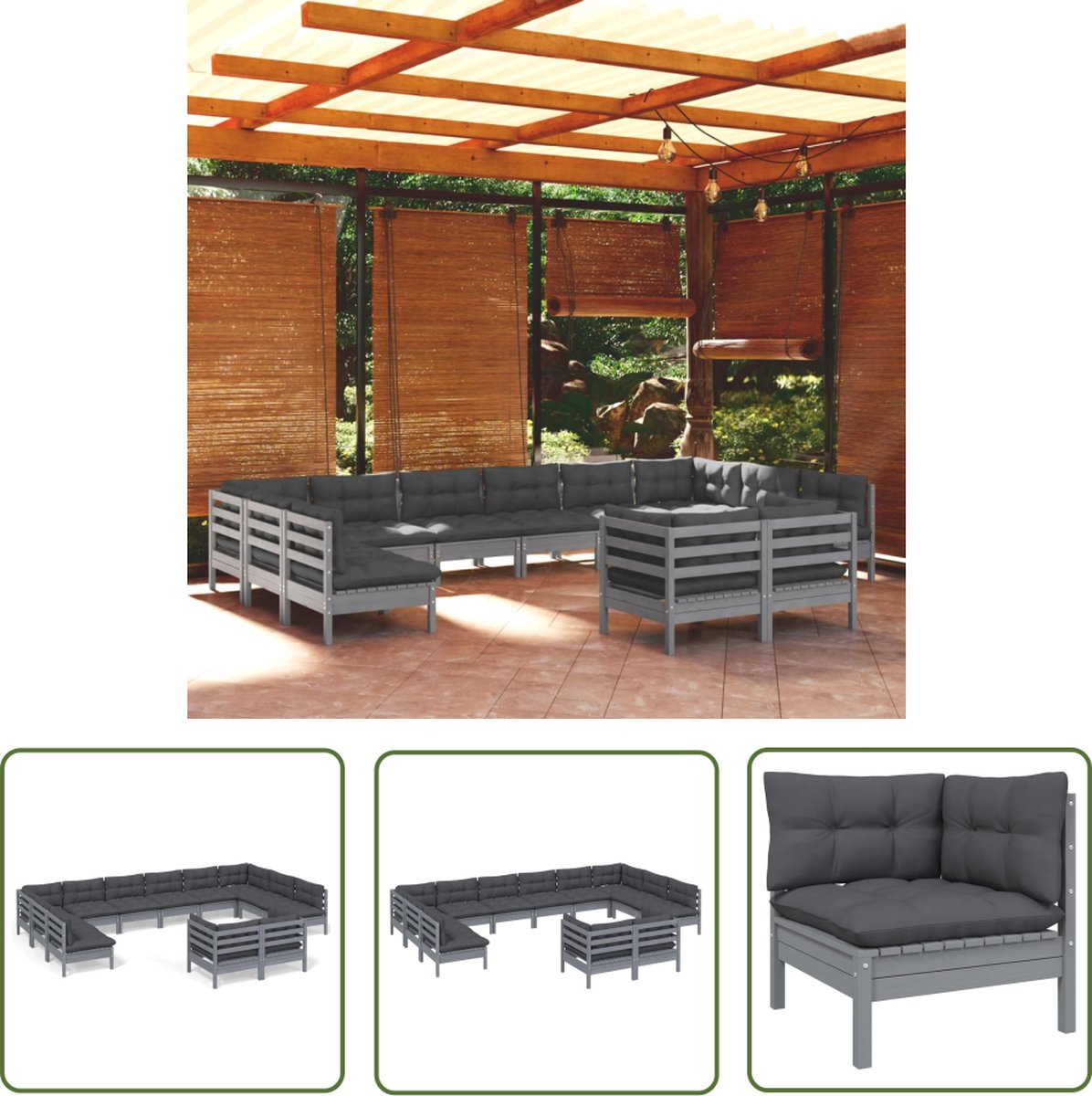 The Living Store 12-delige Loungeset met kussens massief grenenhout grijs - Loungeset - Tuinset - Houten Lounge - Buitendecor - Balkon Decor