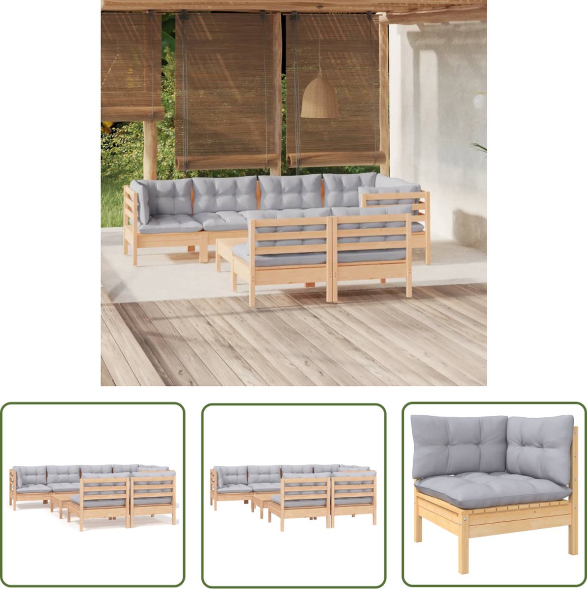Loungeset met grijze kussens en grenenhouten constructie - The Living Store.