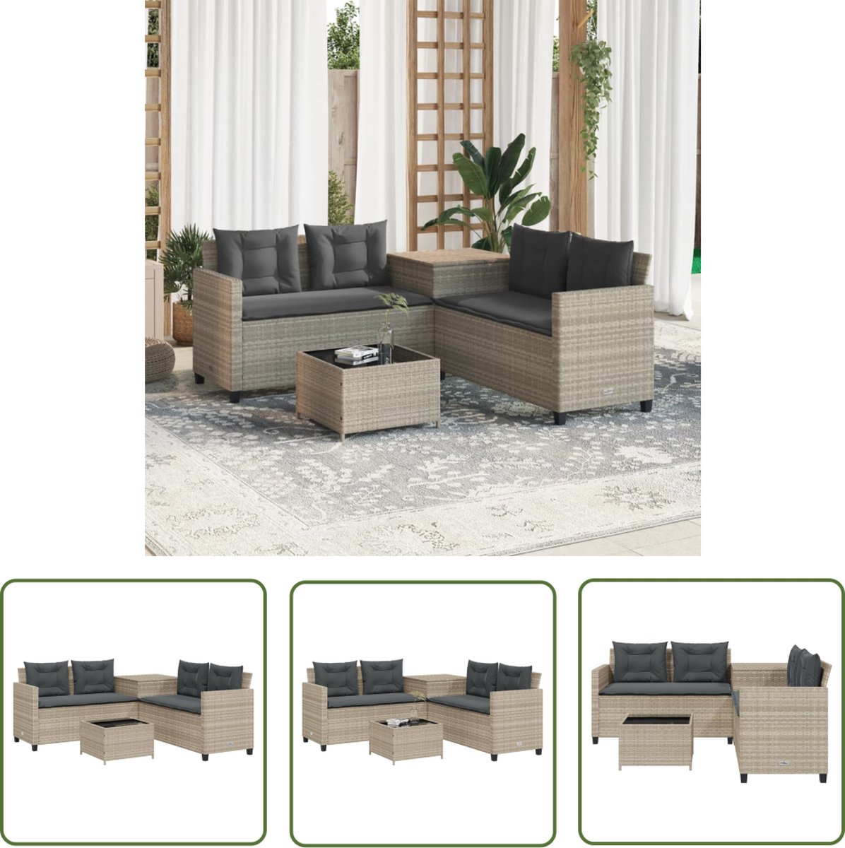 L-vormige tuinbank met tafel, kussens en lichtgrijs poly rattan.