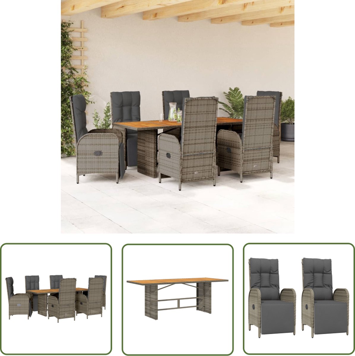 Grijze poly rattan tuinset met kussens en lounge set.