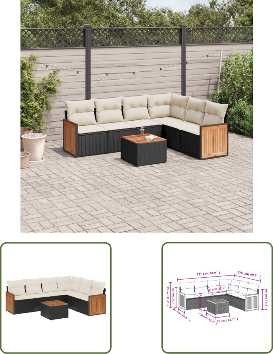 Zwarte poly rattan loungeset met kussens voor buiten - The Living Store
