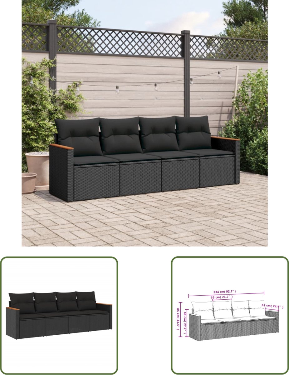 Zwart poly rattan loungeset met kussens voor buiten - The Living Store