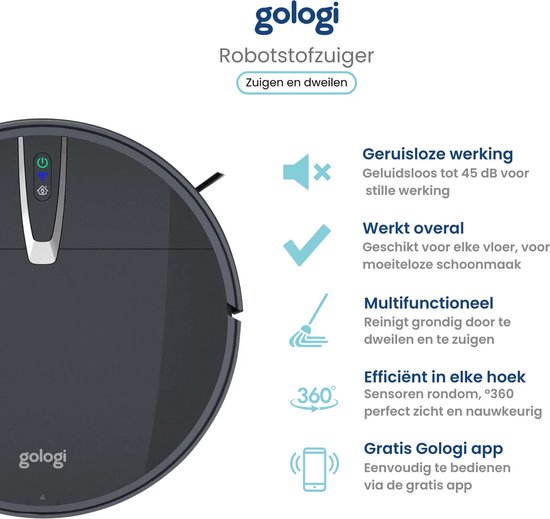 Zwarte Gologi robotstofzuiger met zuig- en dweilfunctie, met informatie over geruisloze werking, geschiktheid voor elke vloer, multifunctie, efficiëntie en app bediening.