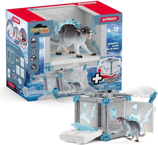 Verpakking van de Schleich BattleCave Ijs Rat speelset met een grijze rat en een kooi.