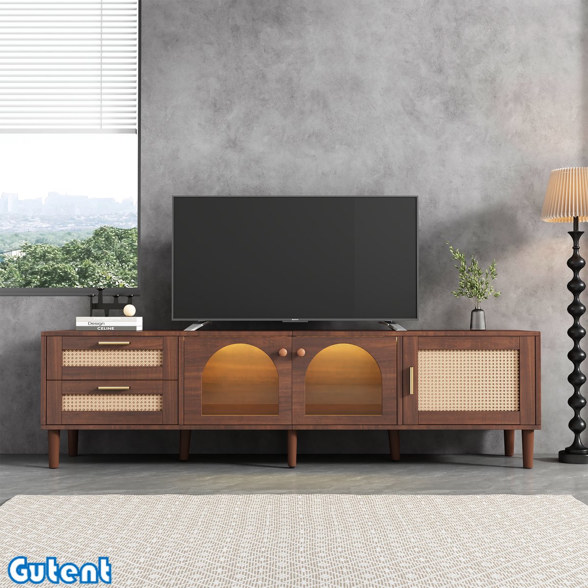 Gutent TV-kast - 2 Rotan laden - 2 gebogen glazen deuren - 1 Rotan deur - LED-verlichting - Bruin