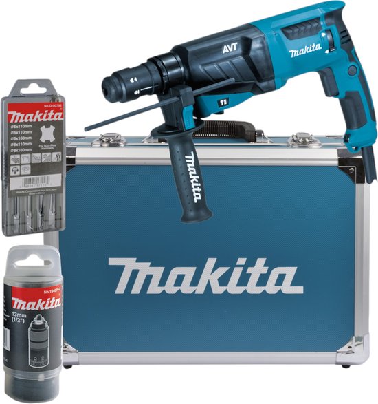 Makita combihamer set met boorset, verwisselbare boorkop en koffer.