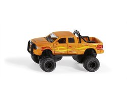 SIKU 2358, Dodge RAM 1500 met ballonbanden, speelgoedauto, 1:50, metaal/kunststof, zwart/oranje, verwisselbare wielen, deur, motorkap en achterklep kunnen geopend worden