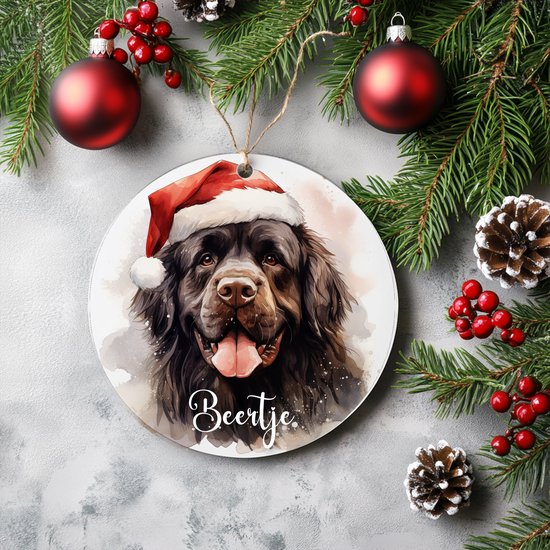 Kerstboomhanger met een bruine Newfoundlander in kerstmuts. De naam 'Beertje' staat eronder.