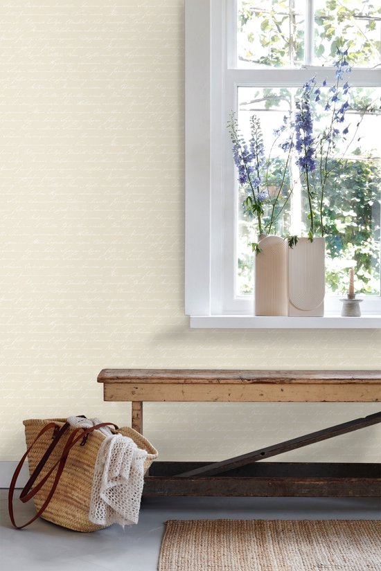 papier peint intissé imprimé craie manuscrite noms de fleurs latines beige - 128033 ESTAhome