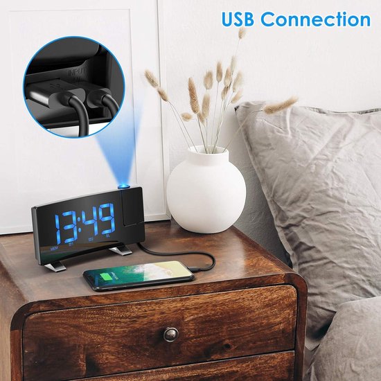 Mesqool Projectiewekker met radio, dubbel alarm, temperatuur- en vochtigheidsweergave, USB- en type C-poort, instelbare projectiehoek, slaapkamerwekker