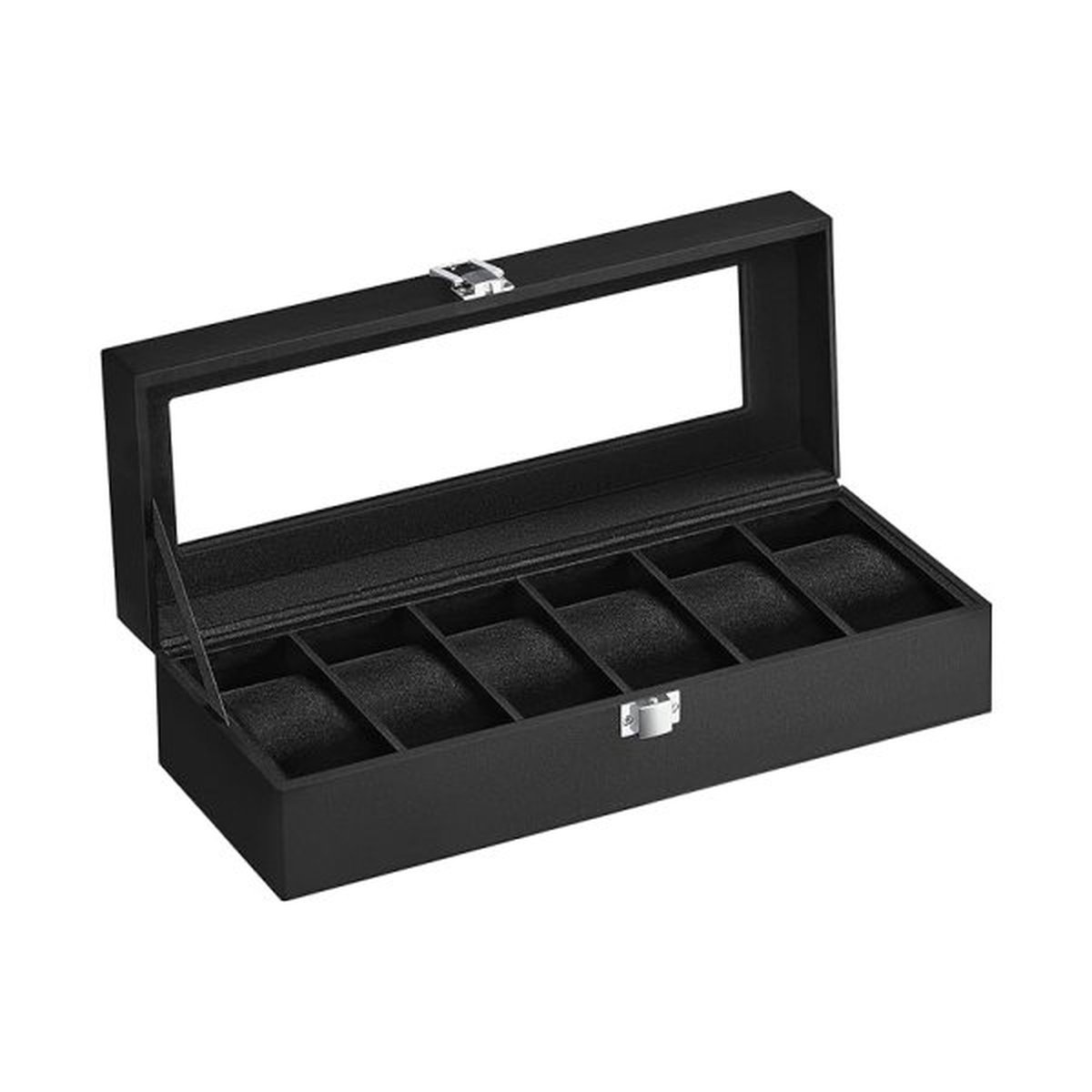 Bekijk doos met 6 slots, horloge met glazen deksel, horlogebox met verwijderbare horlogekussentjes, metalen sluiting, cadeau -idee, zwart synthetisch leer, zwarte voering JWB06B01, metalen plastic