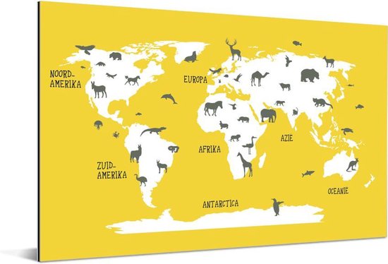 Wereldkaart avec des animaux sur fond jaune vif Aluminium 180x120 cm XXL / Groot format!