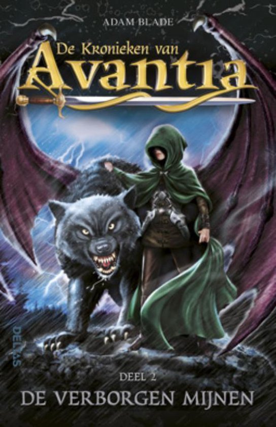 Boekomslag 'De Kronieken van Avantia - De verborgen mijnen'. Meisje in groene mantel met wolf en vleermuisvleugels.