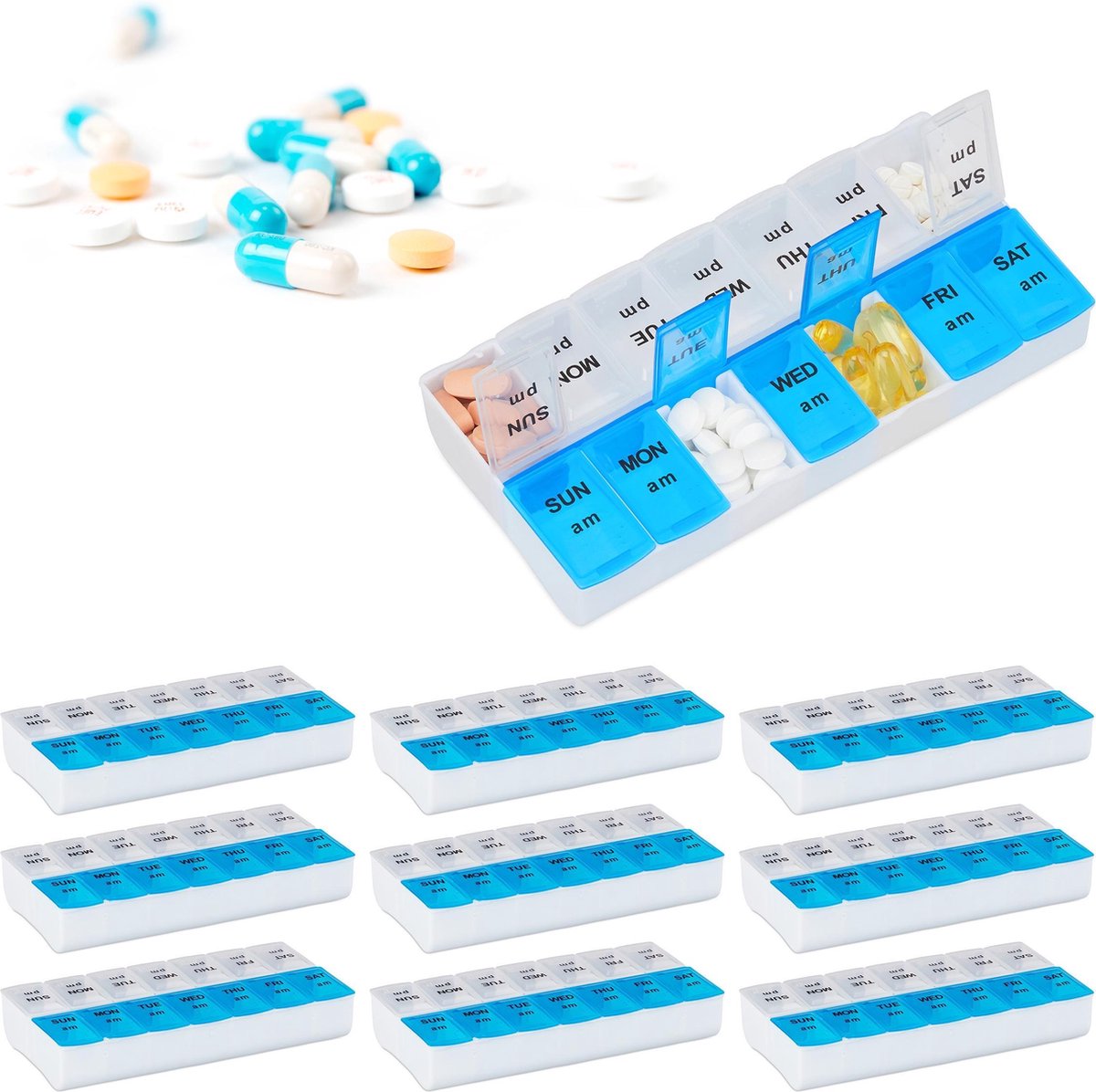Relaxdays 10x pillenbox 7 dagen 2 vakken - medicamentendoos - pillendoosje wit-blauw