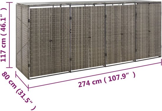 Grijze containerberging met vlechtwerkpatroon, acht deuren, metalen frame en afmetingen.