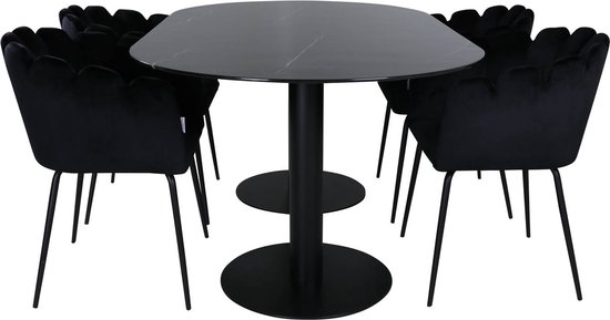 Table de salle à manger Pillan verre noir décor marbre et 4 Limhamn salle à manger velours noir.