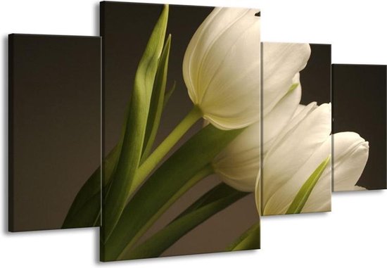 GroepArt - Schilderij -  Tulpen - Groen, Wit, Grijs - 160x90cm 4Luik - Schilderij Op Canvas - Foto Op Canvas