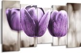 GroepArt - Canvas Schilderij - Tulpen - Paars, Grijs, Wit - 150x80cm 5Luik- Groot Collectie Schilderijen Op Canvas En Wanddecoraties