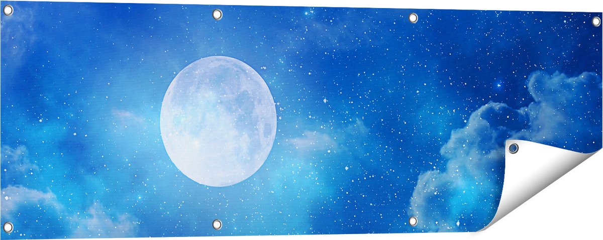 Gards Tuinposter Volle Maan in de Blauwe Hemel met Sterren - 120x40 cm - Tuindoek - Tuindecoratie - Wanddecoratie buiten - Tuinschilderij Multikleur