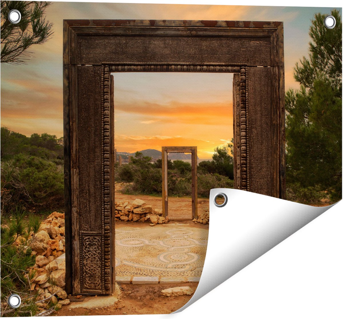 Gards Tuinposter Cale Llentia Deur Opening in Ibiza - 50x40 cm - Tuindoek - Tuindecoratie - Wanddecoratie buiten - Tuinschilderij Multikleur
