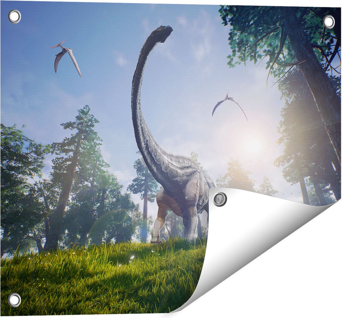 Gards Tuinposter Diplodocus Dinosauri�r in het Bos - 50x40 cm - Tuindoek - Tuindecoratie - Wanddecoratie buiten - Tuinschilderij Multikleur