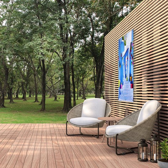 Gards Affiche de jardin Maisons bleues avec Pots de fleurs au Maroc Chefchaouen - 80x120 cm - Toile jardin - Décoration de jardin - Décoration murale extérieur - Tableau jardin